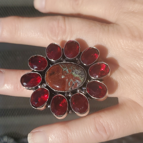 New Oversized Seam Agate and Garnet 925 Silver Statement Ring. - Picture 11 of 16